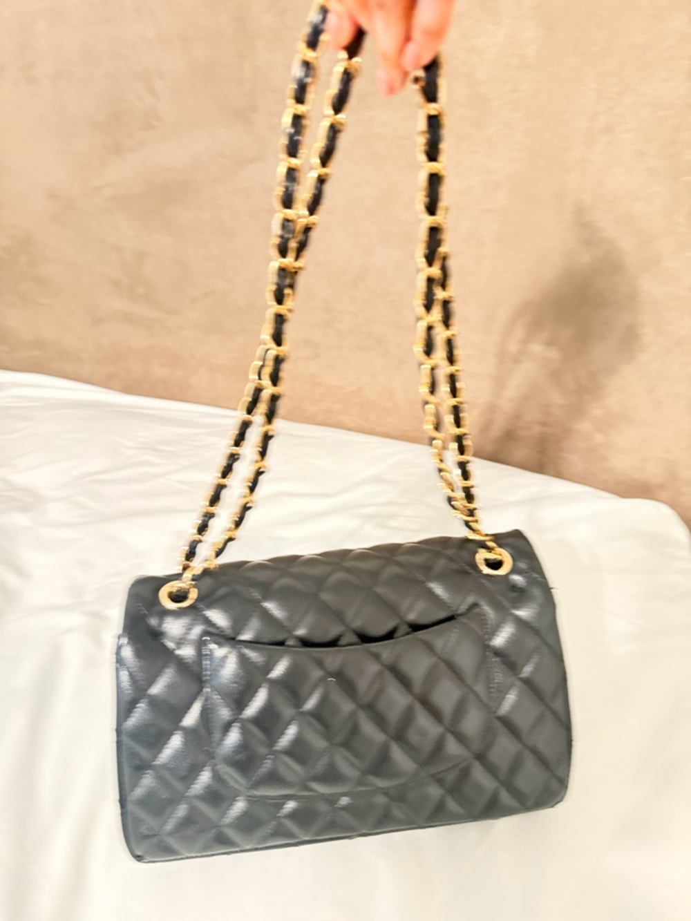 Black Quilted Shoulder Bag with Gold Chain - Picture 2 of 6